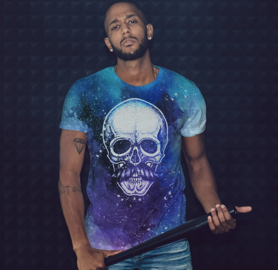 T-shirt 3D All Over Print with a theme of Skull with Mustache Marble Background