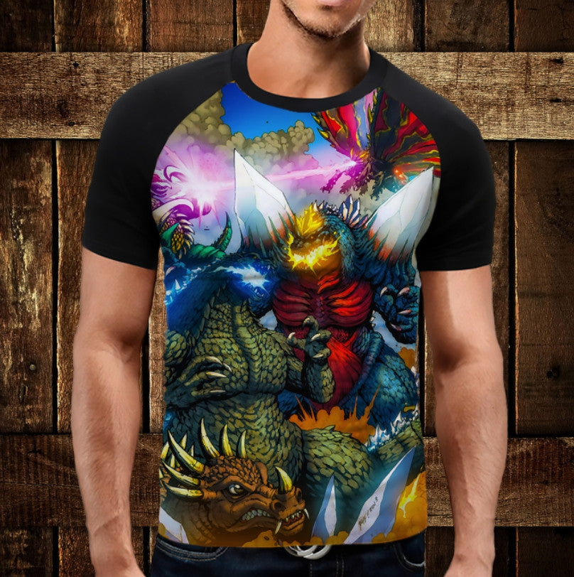 T-shirt - raglan with 3D print of Godzilla and all the monsters.