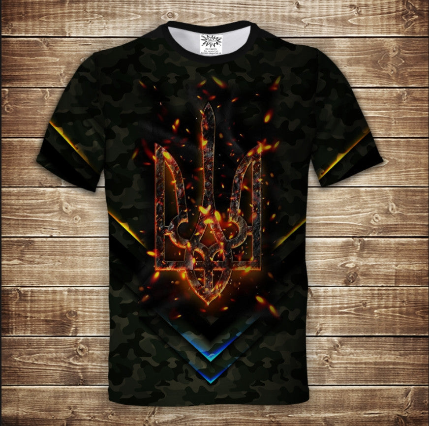 T-shirt 3D All Over Print Ukraine Fiery Trident Coat of Arms