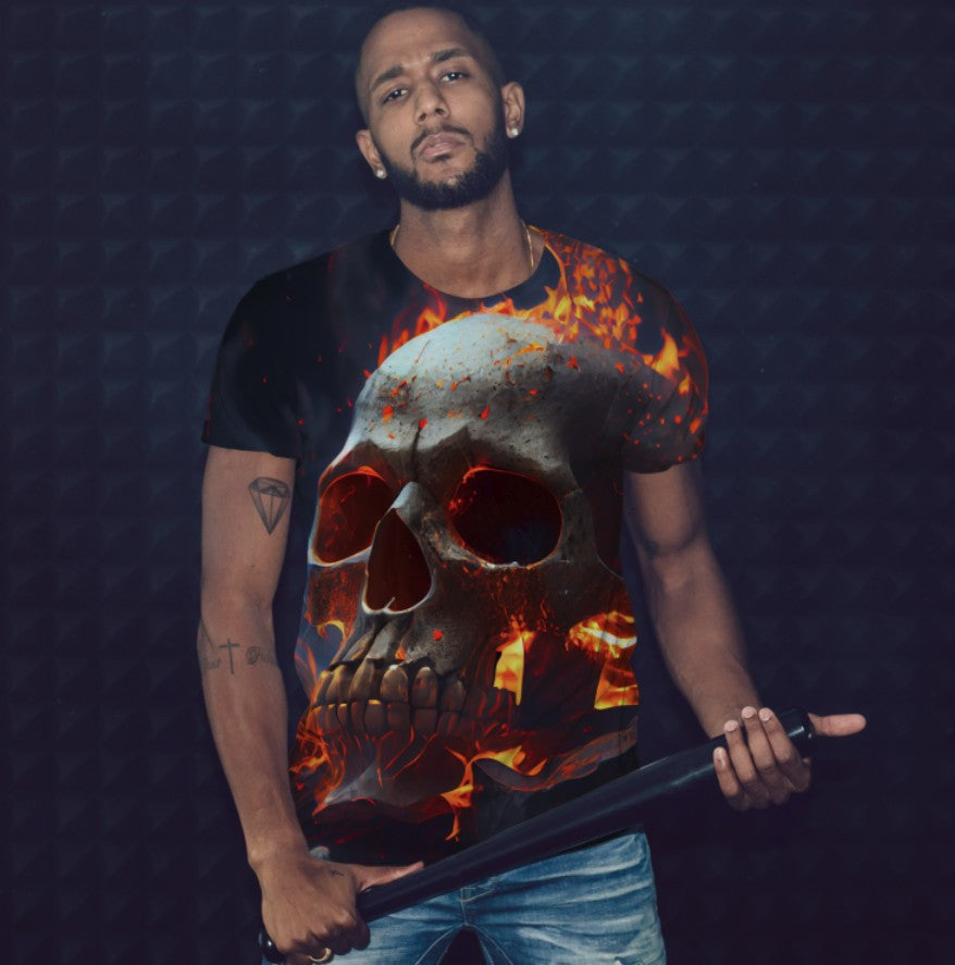 T-shirt 3D All Over Print with Skull on Fire Theme
