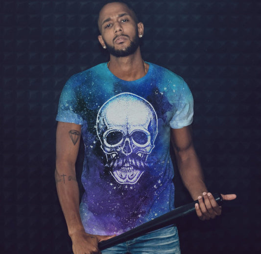 T-shirt 3D All Over Print with a theme of Skull with Mustache Marble Background