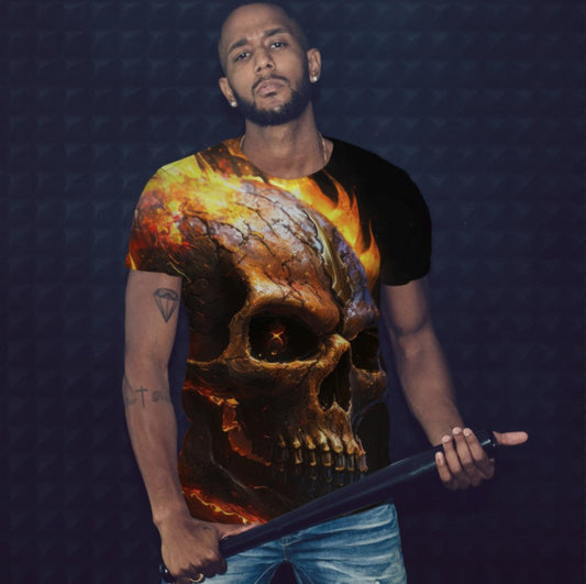 T-shirt 3D All Over Print with Skull on Fire Theme