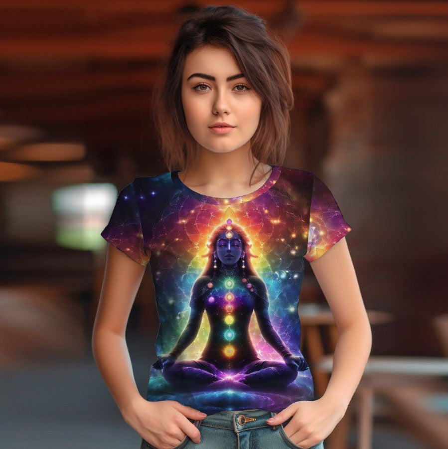 T-shirt 3D All Over Print with a Yoga theme. A woman in a lotus pose with chakras and aura glow.