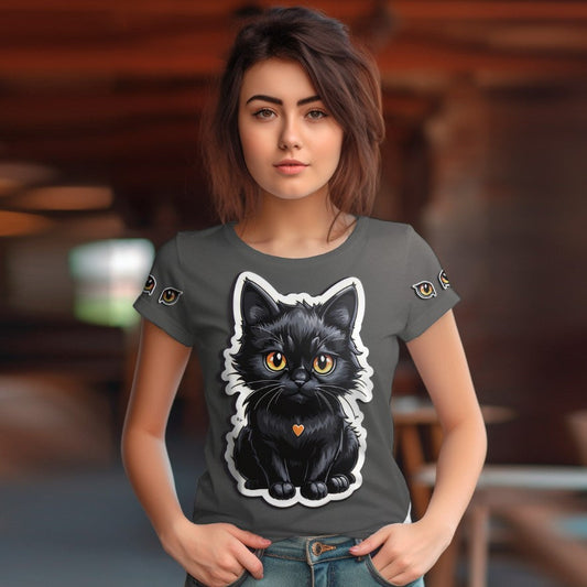 T-shirt 3D All Over Print with a theme of Black Cat on a gray background.