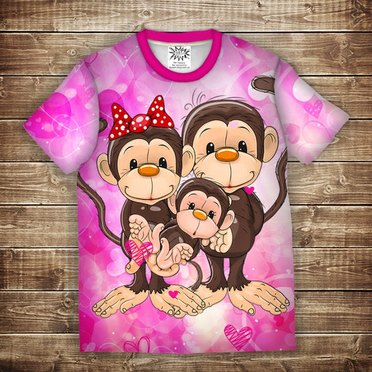 T-shirt 3D All Over Print: Fun Monkeys Pink 1. Children's and adult sizes.