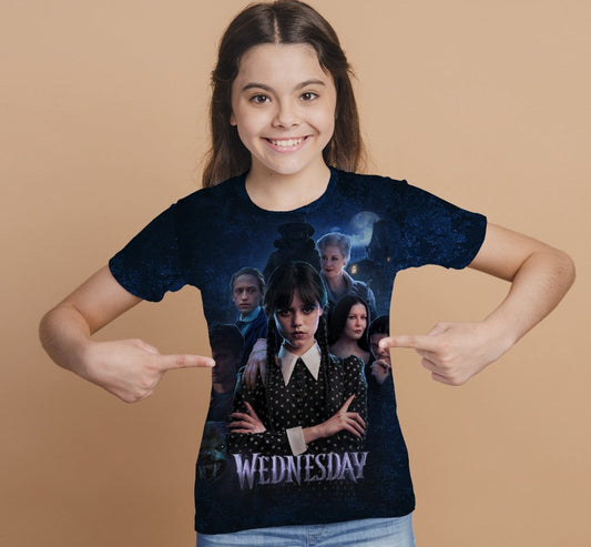 T-shirt 3D All Over Print with the print of Wednesday Addams and Enit Wednesday Addams.