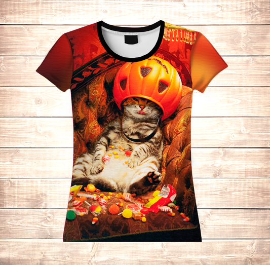T-shirt 3D All Over Print Halloween Cat with Candies