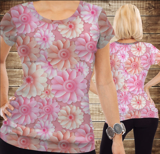 T-shirt 3D All Over Print with voluminous pink flowers Adult and children sizes