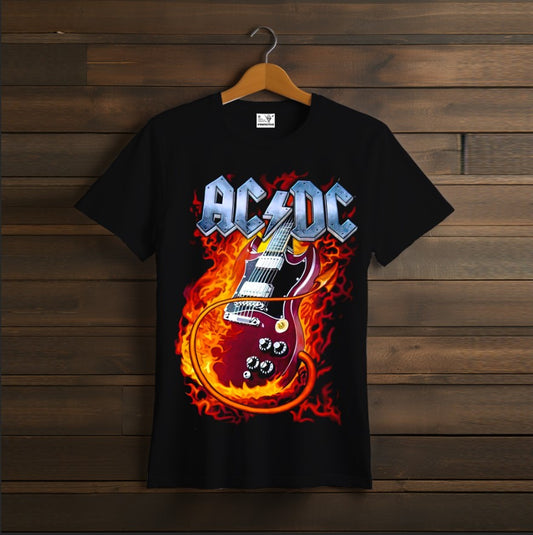 T-shirt ACDC logo band fan Rock Band art guitar fire